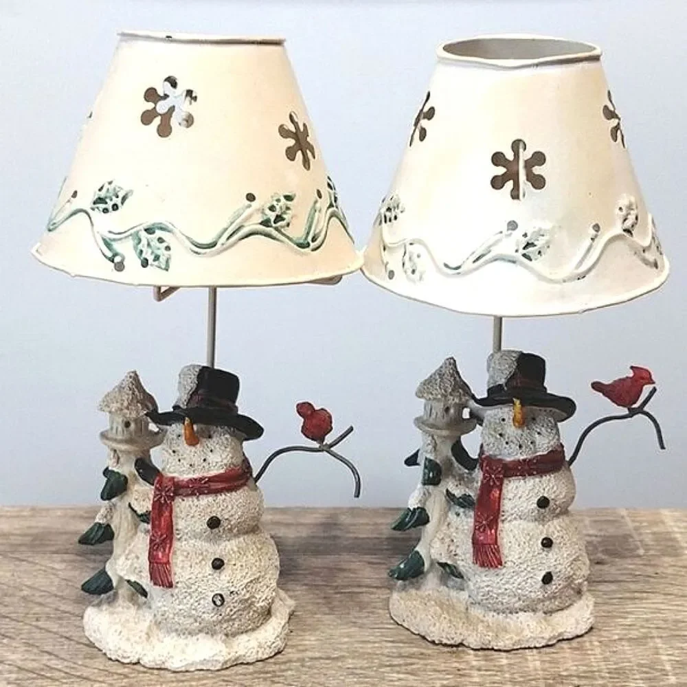 VTG Set of 2 Christmas Ceramic Snowman‎ Metal Shade Tealight Holders